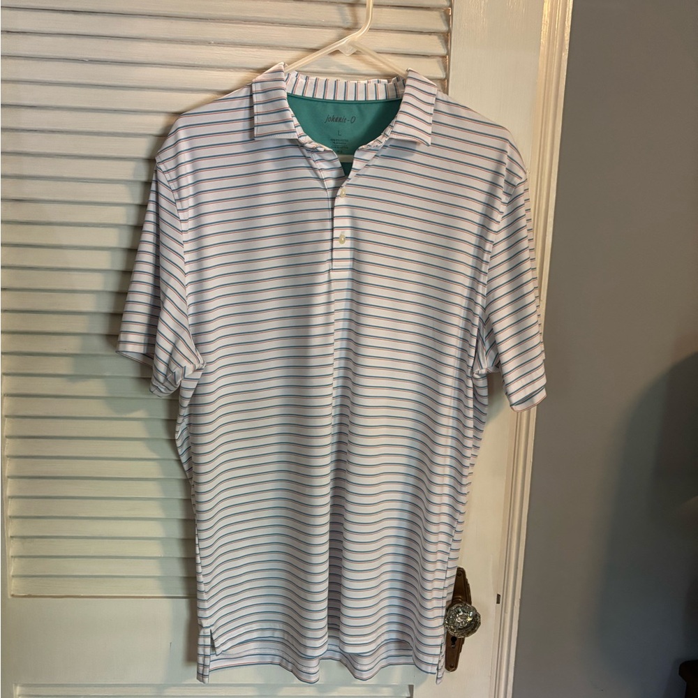 johnnie-O White and Blue Striped Golf Polo Shirt
